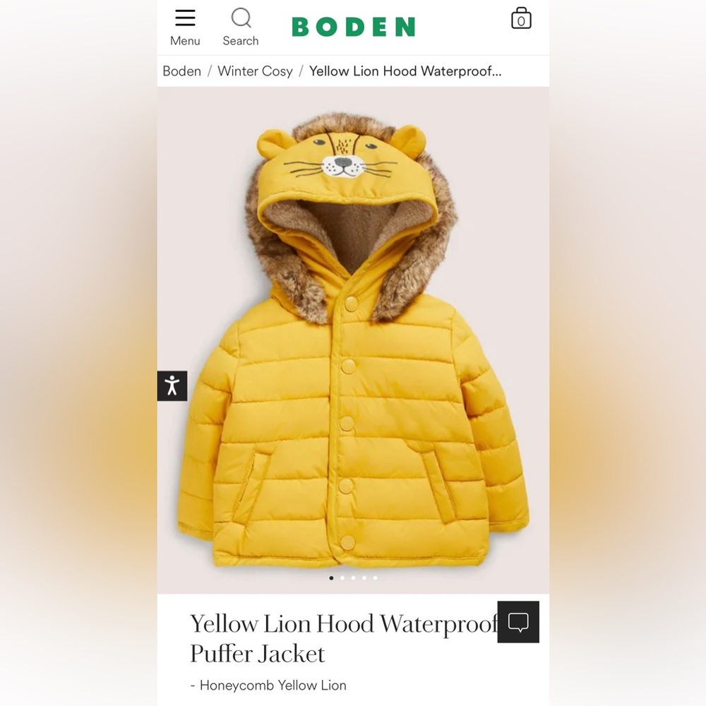 Boden lion puffer jacket size 6-9 months
